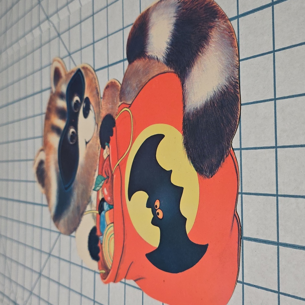 Vintage Halloween Die‎ Cut Decoration Raccoon Mask & Candy Bag 13" Double Sided - Picture 3 of 9